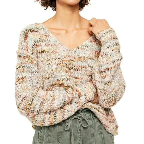 Free People Size XS Multicolor Highland Cable Knit Oversized V Neck Sweater - Picture 1 of 8